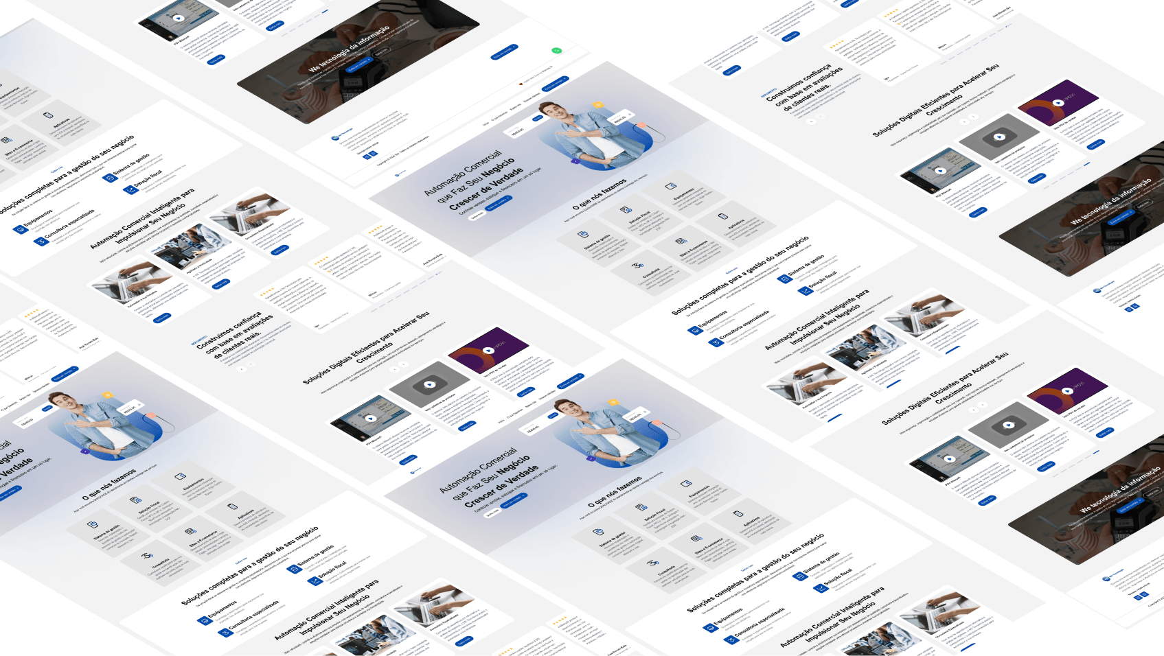 Visão geral das seções e interfaces do website WE Tecnologia
